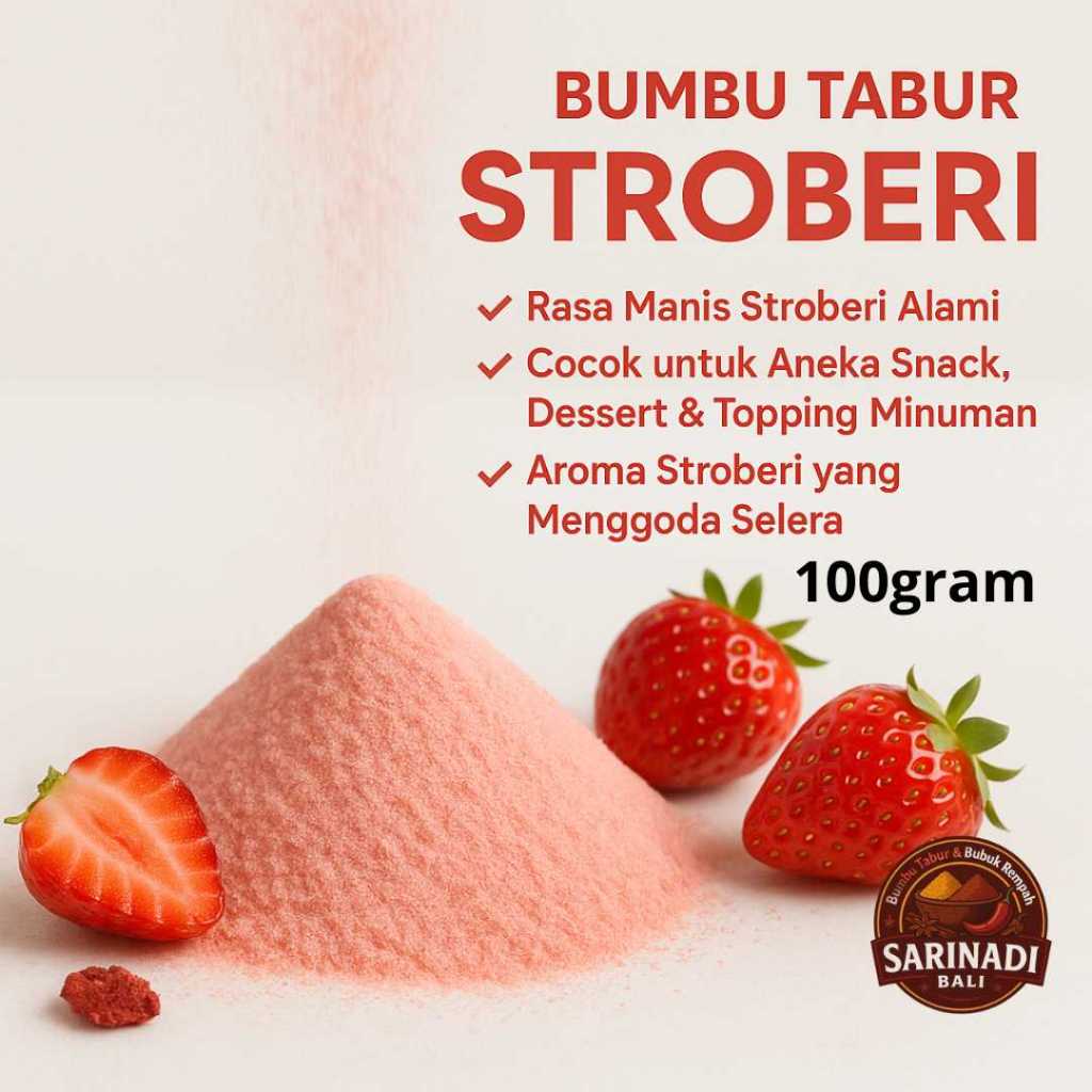 

Strawberry 100gram Bumbu Tabur Rasa Stroberi Manis Segar Cocok untuk Camilan