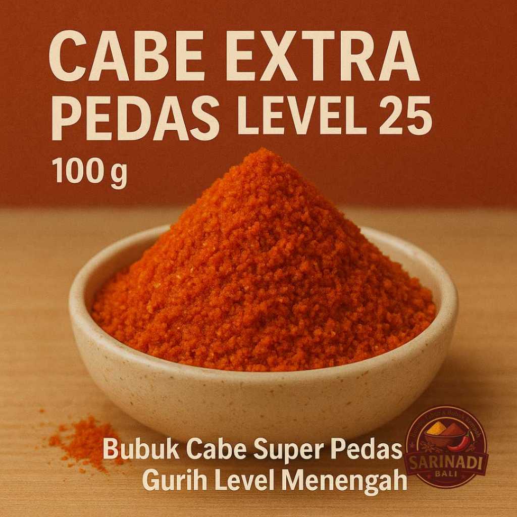 

Cabe Extra Pedas Level 25 100gram Bubuk Cabe Super Pedas Gurih Level Menengah