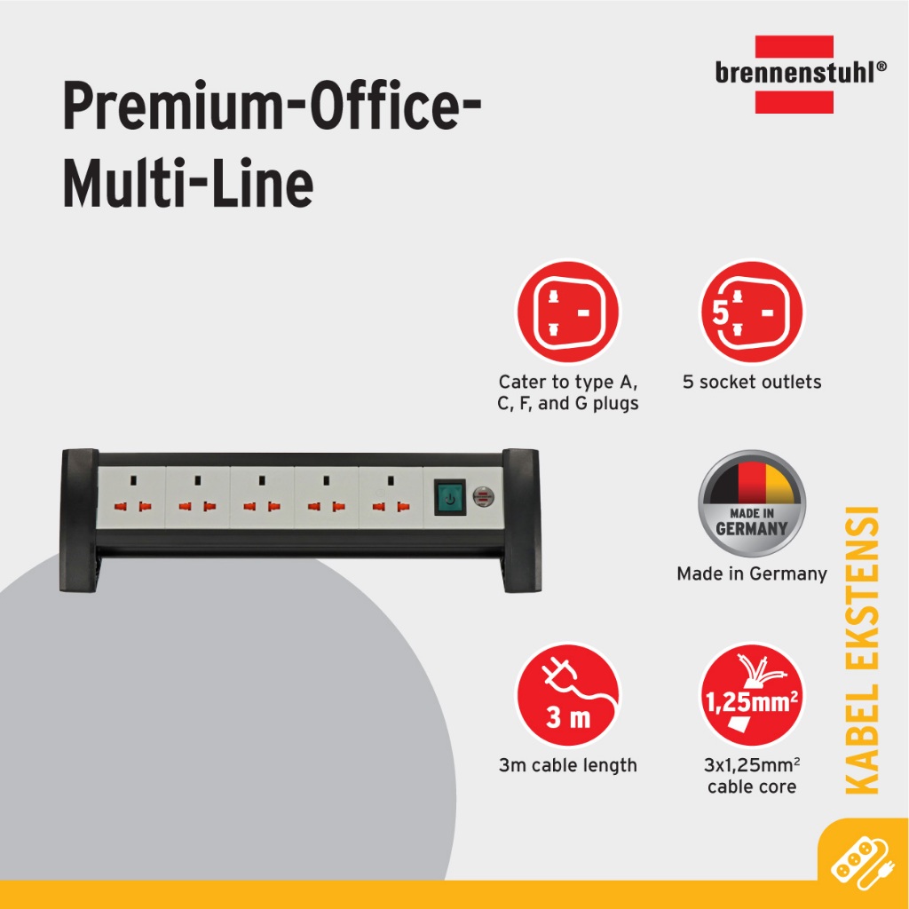 Brennenstuhl 1156057415 Stop Kontak Kabel Extension Universal 3m 5 Soket