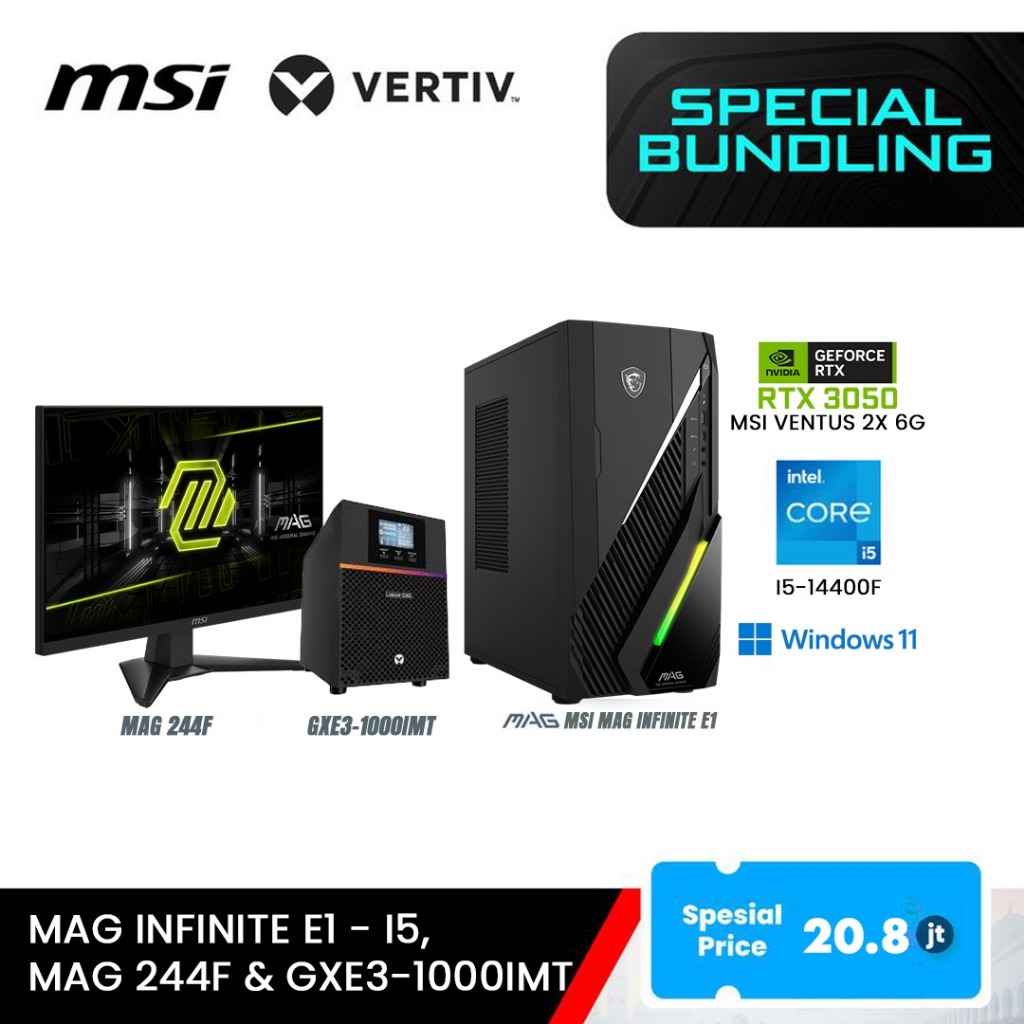 Paket Bundle PC Gaming MSI MAG Infinite E1 i5-14400F RTX 3050 + Monitor 23.8” MAG 244F + UPS Vertiv 