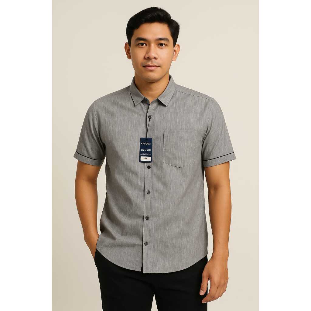 SumberRejekiJeans - Baju Pria CRESSIDA FB500A REGULER - Kemeja Casual Abu-abu Pria Lengan Pendek Kat