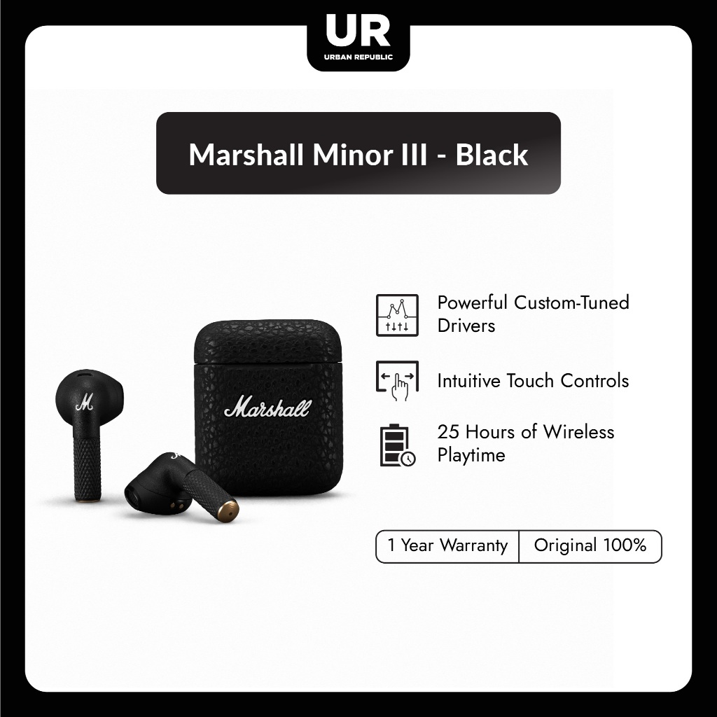 Marshall Minor III Black - Earbuds Bluetooth TWS dengan Mikrofon dan Kontrol Sentuh