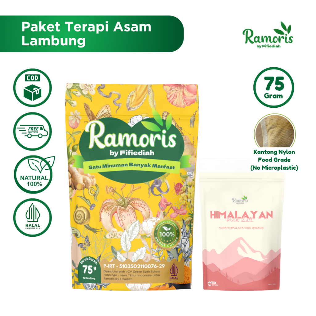 

Ramoris + Garam Himalaya Minuman Rempah Teh Rimpang Asam Lambung dan Gerd - 15 Kantong 75 gram