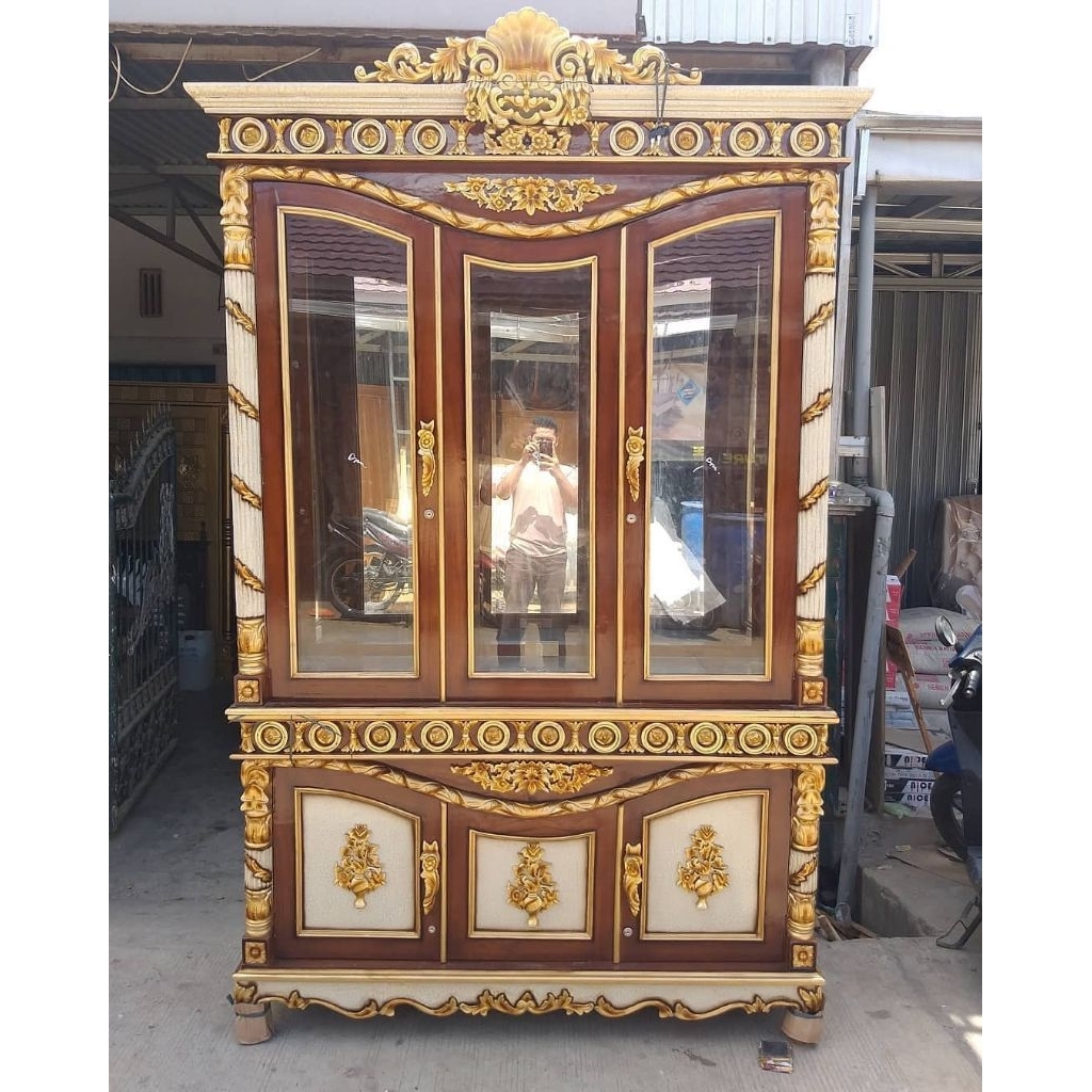 Lemari Hias Ukir Kayu Jati / Lemari Pajangan Kayu Jati Minimalis Modern / Lemari Kaca Hias Kayu Jati