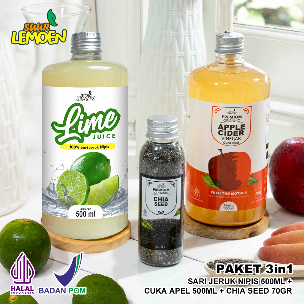 

Suur Lemoen Paket 3in1 Nipis - Cuka Apel 500 ml, Sari Nipis 500 ml, Chia Seed 70 gr