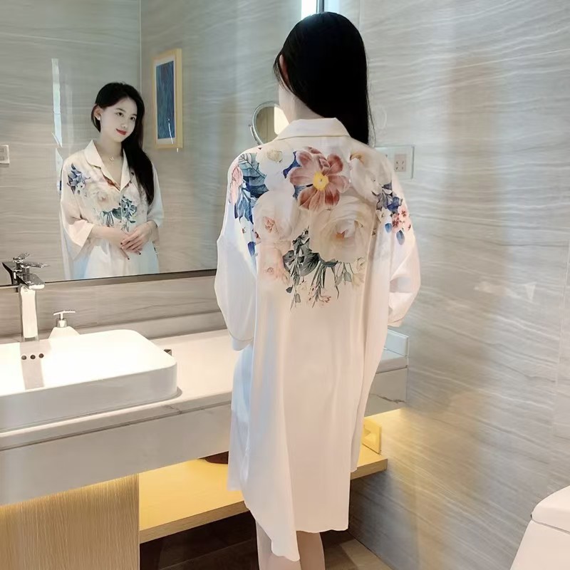 Piyama gaya Korea untuk wanita baju tidur renda  gaun piyama kemeja seksi longgar tipis lengan pende