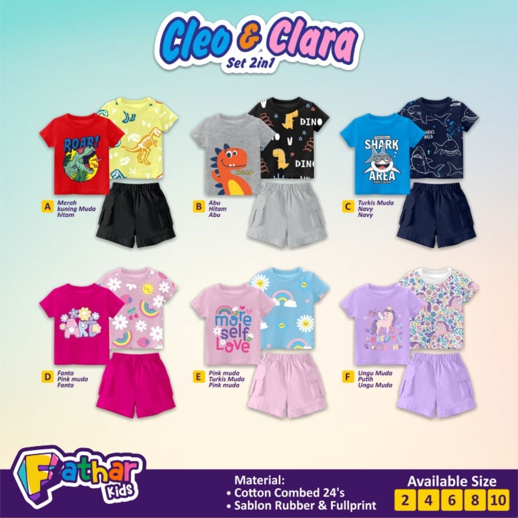 Fathar Kids Setelan Kaos Anak Unisex Daily [Close❌] Cleo & Clara Set 2in1 2-10th Combed Premium /Ter