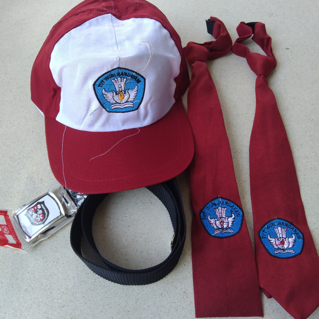 Paket topi SD merah putih bordir biru karet + dasi SD perekat bordir biru tutwuri + sabuk SD
