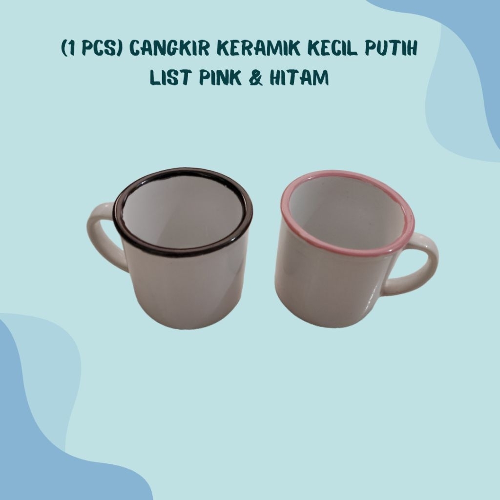 (1 PCS) Cangkir Keramik Kecil Putih List Pink & Hitam