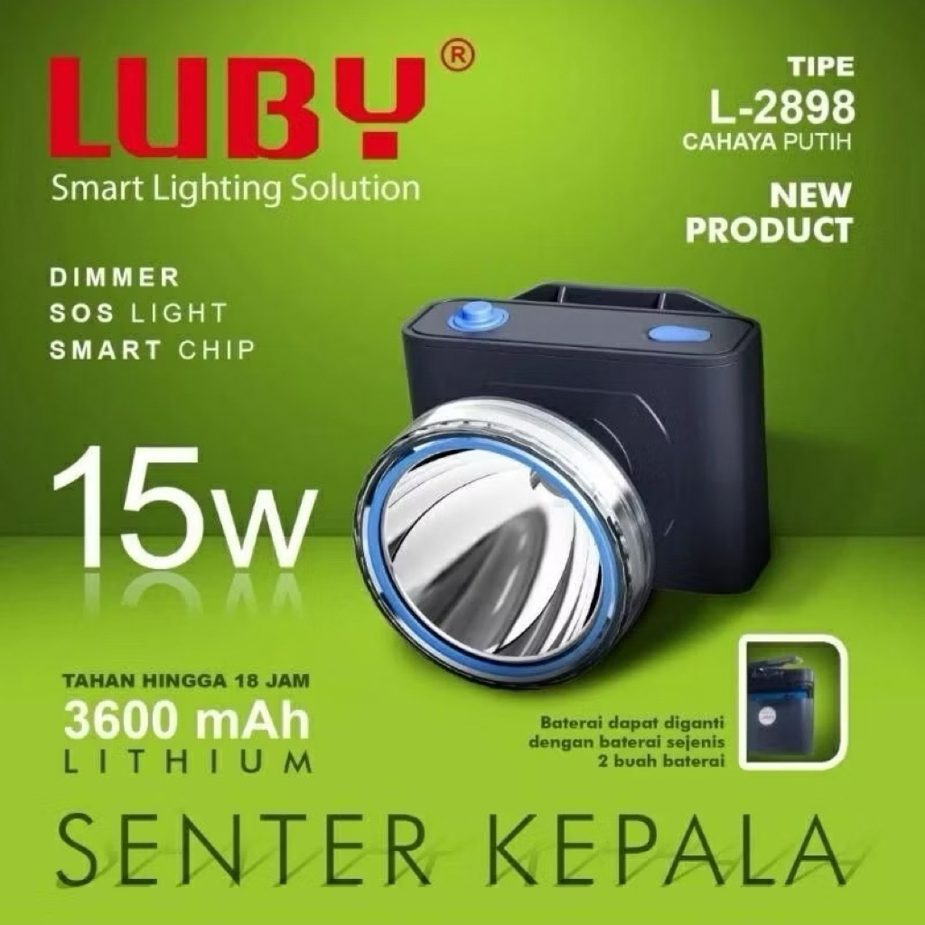 LUBY Senter Kepala L-2898 LED 15 Watt / Headlamp Luby Cahaya Putih Lithium