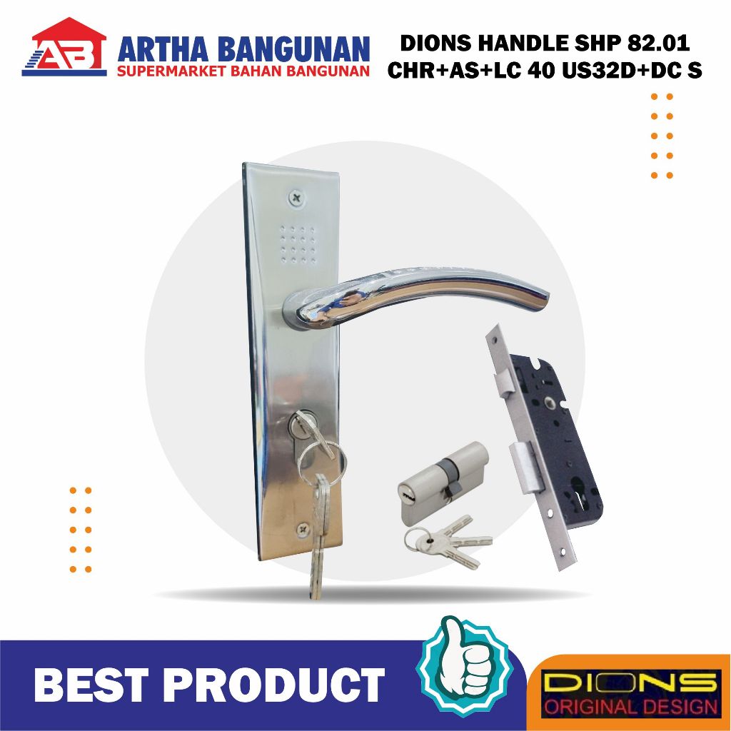 SOLID HANDLE PINTU DIONS SHP 82.01 | CHR+AS+LC 40 US32D+DC S | KUNCI SET KOMPLIT & ELEGAN
