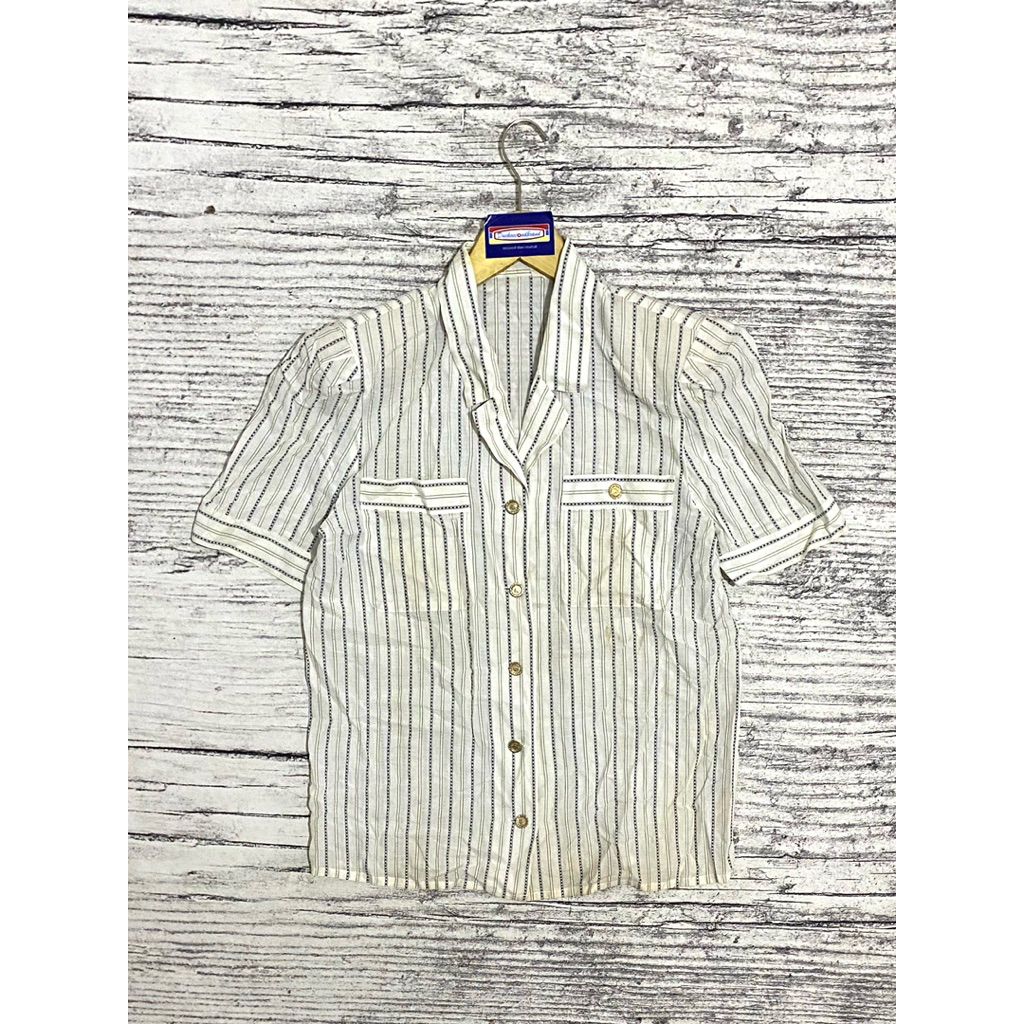 Kemeja blouse blus atasan wanita cewek perempuan salur garis putih no brand second