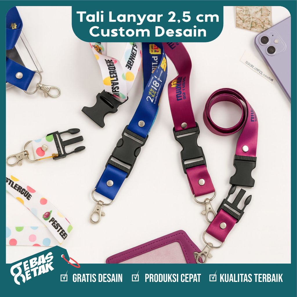 

[Bisa Satuan] Cetak Print Tali Pita Lanyard Full Warna Custom Desain Nama Logo Lebar 2,5 cm 2 Sisi