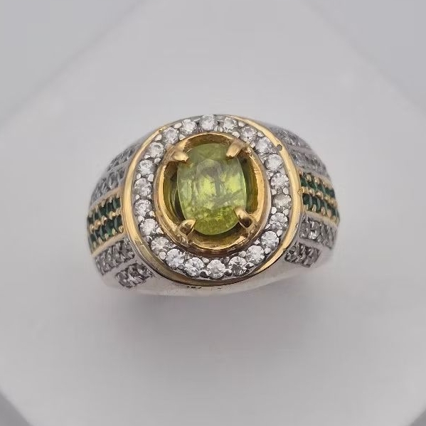 Cincin perak handmade batu natural rainbow green sphene 1,29 ct, ukuran jari bisa disesuaikan (free 