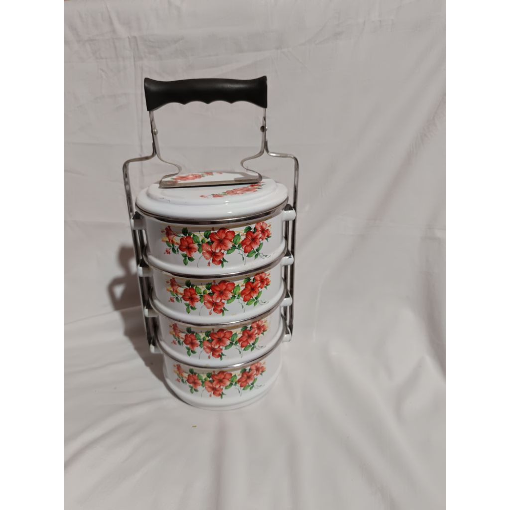 Rantang 4 Susun Enamel Motif Bunga Vintage/ Tudung Saji Piknik Bekal Anti Karat Tradisional