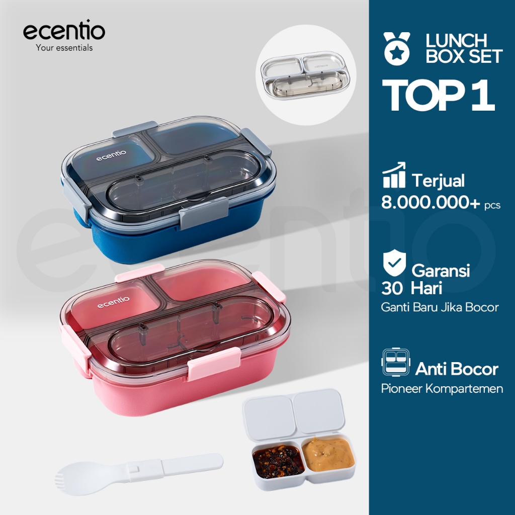 [READYYY] ecentio lunch box 2.0 anti tumpah kotak bekal anti tumpah 1100ml 3 gird lunch box set free
