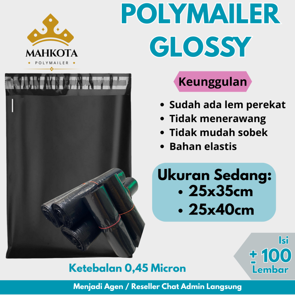 

[3 PACK] Polymailer Glossy Premium 100 Lembar – Ukuran Sedang 25x35 25x40 – Packing Tebal, Lem Kuat, Waterproof