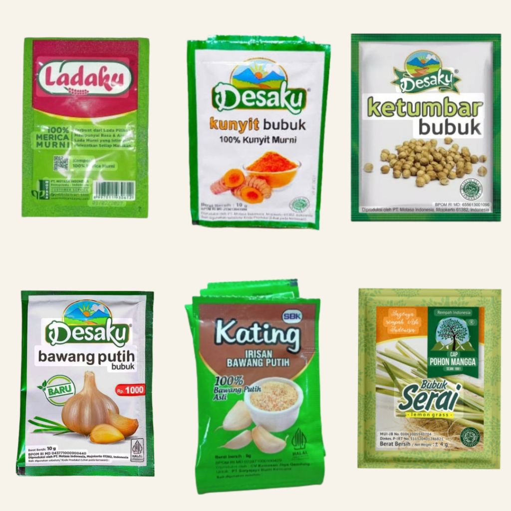 

Bumbu Dapur Bubuk / Lada Bubuk / Kunyit Bubuk / Ketumbar Bubuk / Bawang Putih Bubuk / Bawang Kating Bubuk / Serai Bubuk