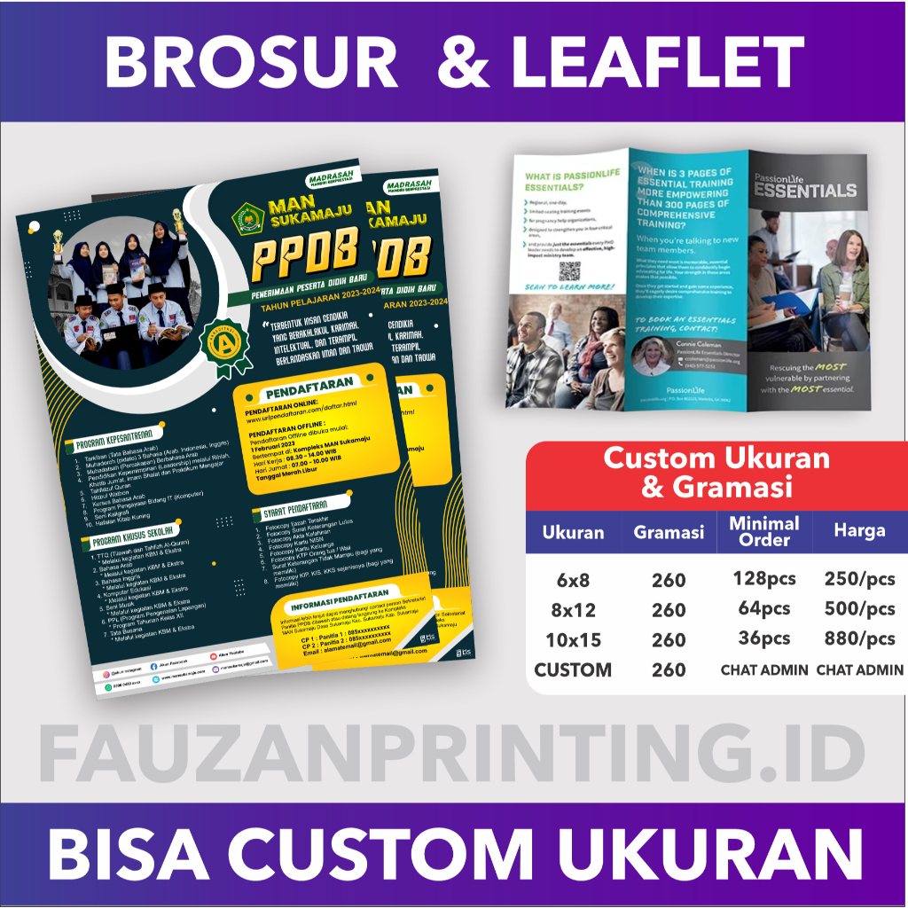 

Cetak Brosur Custom Art Papper 260 Tebal Full color bisa custom ukuran print leaflet