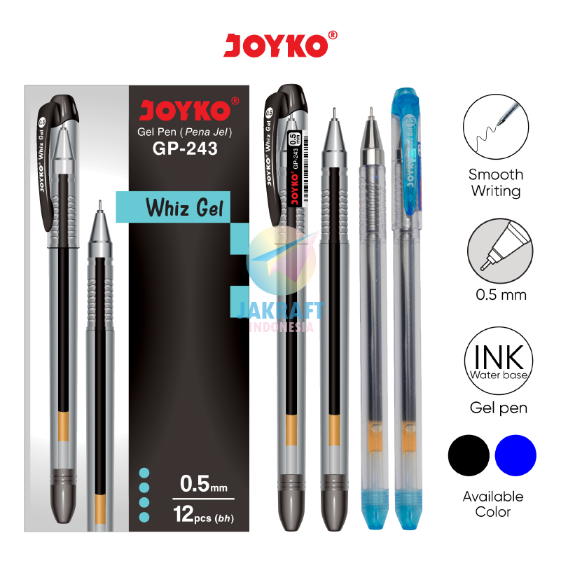 

(12 Pcs) GROSIR Pulpen Gel Pen Ujung Tajam JOYKO GP-243 Whiz Gel / GP-262 Skill Gel Hitam Black / Biru Blue Tebal 0.5 mm Needle Tip Ballpoint Anti Air Anti Macet | PACK