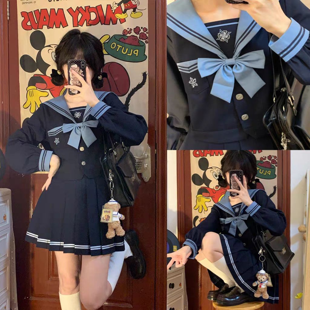 Navy blue seifuku seragam sekolah perempuan sailor seifuku pelaut