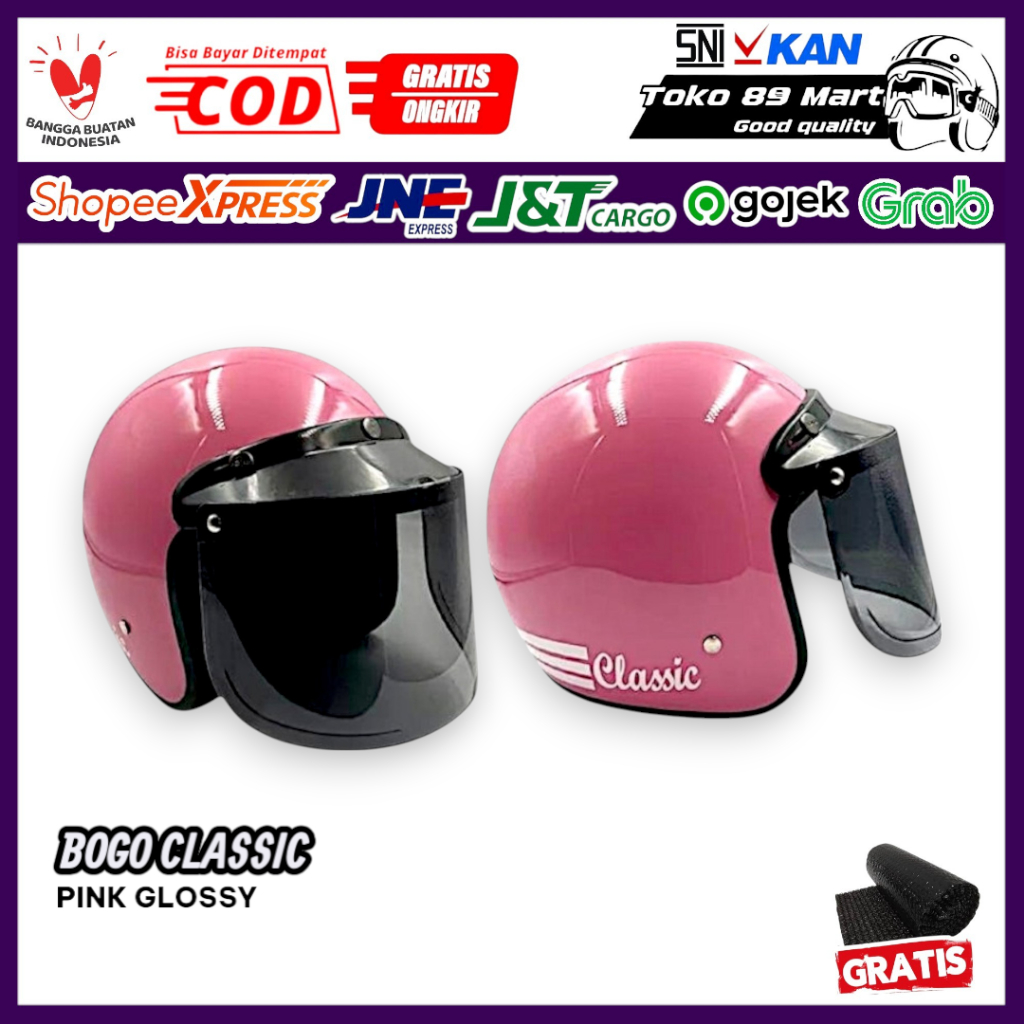 Helm Bogo Classic Pink Glossy + Kaca SNI BIVI Retro Half Face Hijab Bivi Helmet Retro