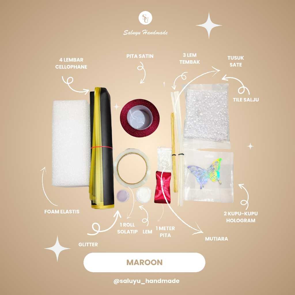 

TERLENGKAP 2,5CM Roll Paket Mentahan Bouquet Kertas Pita Satin Cantik Bunga Mawar Flower Buket Maroon dengan Greeting Card Merah