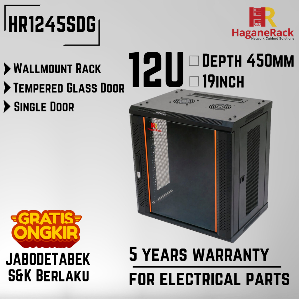 HaganeRack Wallmount Rak Server 12U 450mm - HR1245SDG Rak Server 12U Single Door