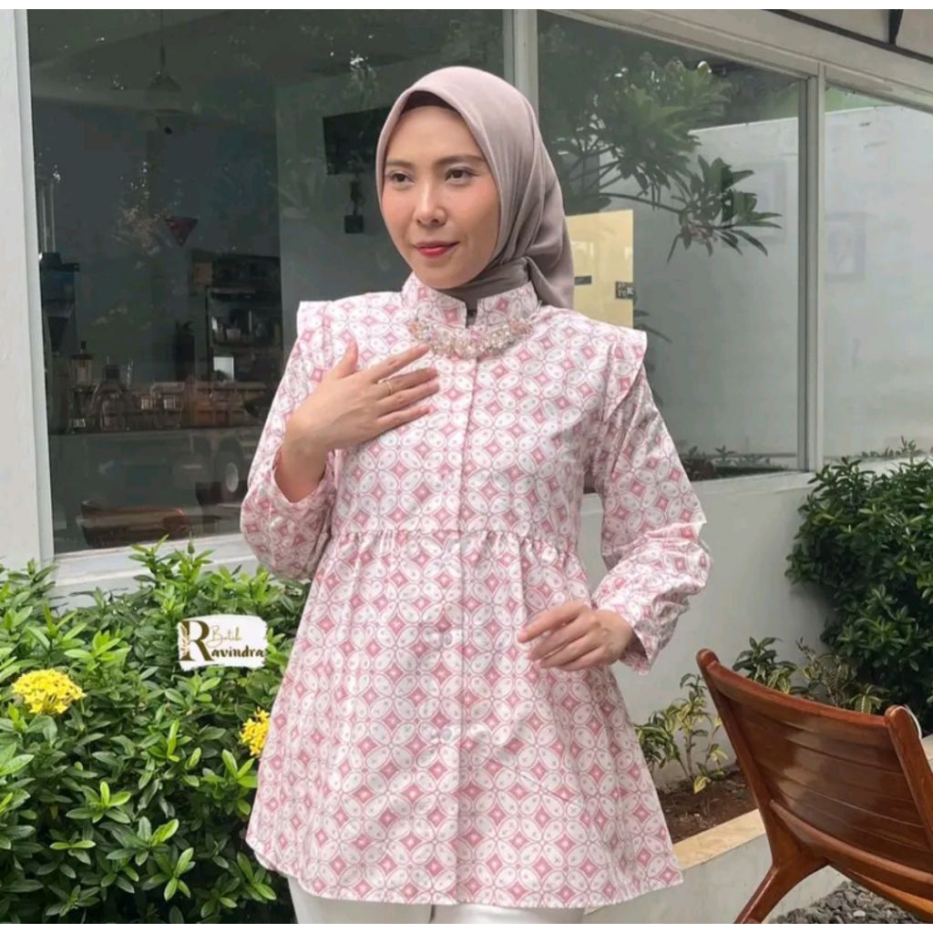 Blouse Batik Kawung Ruffle  / Atasan Batik Wanita  / Batik Kuliah /Batik Sekolah / Batik Kantor