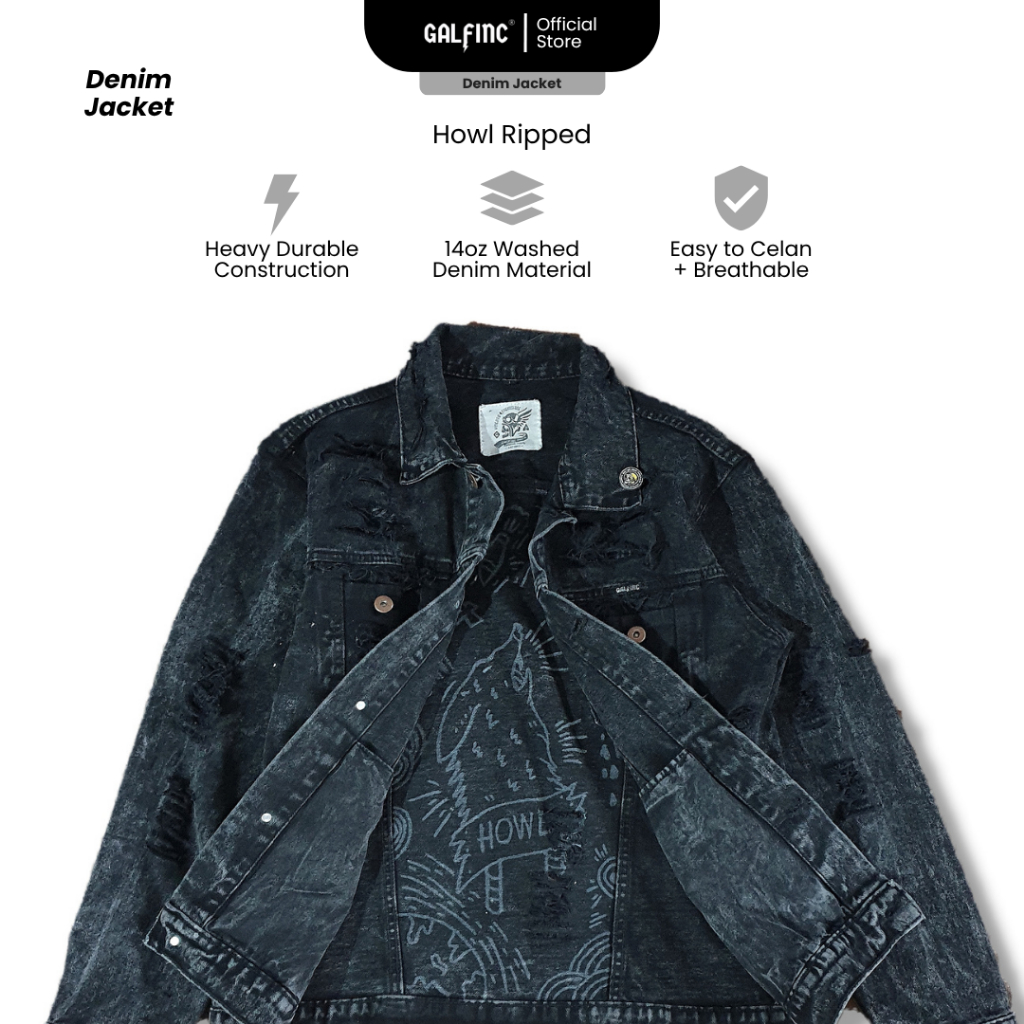 Galfinc Jaket Jeans Ripped Pria + Doodle Art Black Wolf Howl