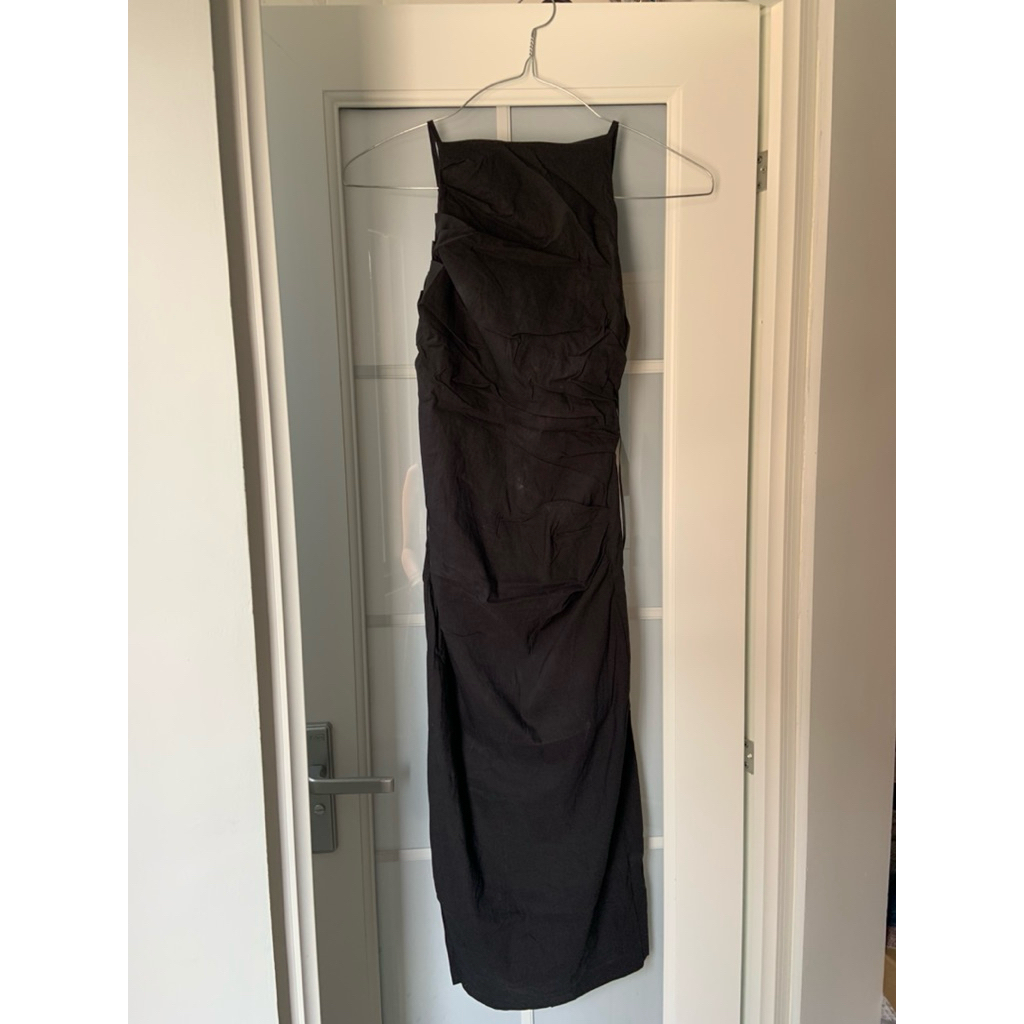 preloved long dress hitam press body kerut tali kutung