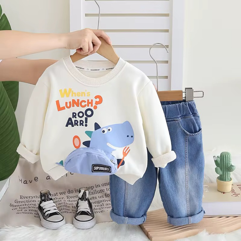 Setelan kaos panjang dan celana denim panjang anak laki-laki / setelan sweater salur anak laki-laki 