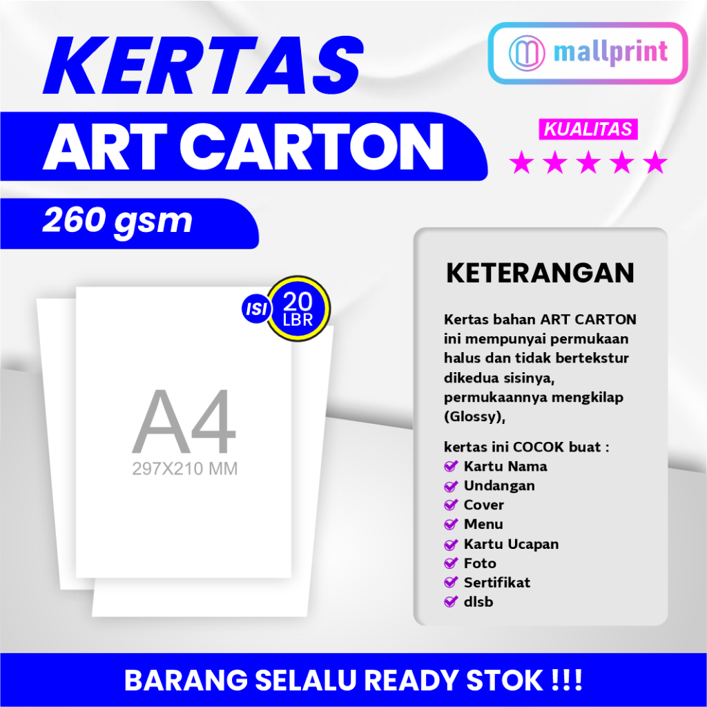 

Kertas Art Carton 260 gsm A4 cocok unt. Menu Resto Kartu Nama dll (isi 20 lbr)