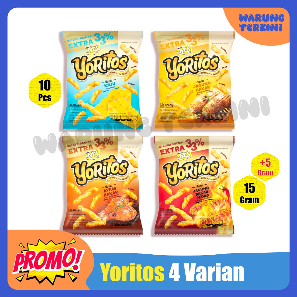 

Iyes Yoritos 1 Renceng 15g + 5g Extra 33% | Ayam Bakar, Keju, Jagung Bakar dan Jagung Bakar Pedas