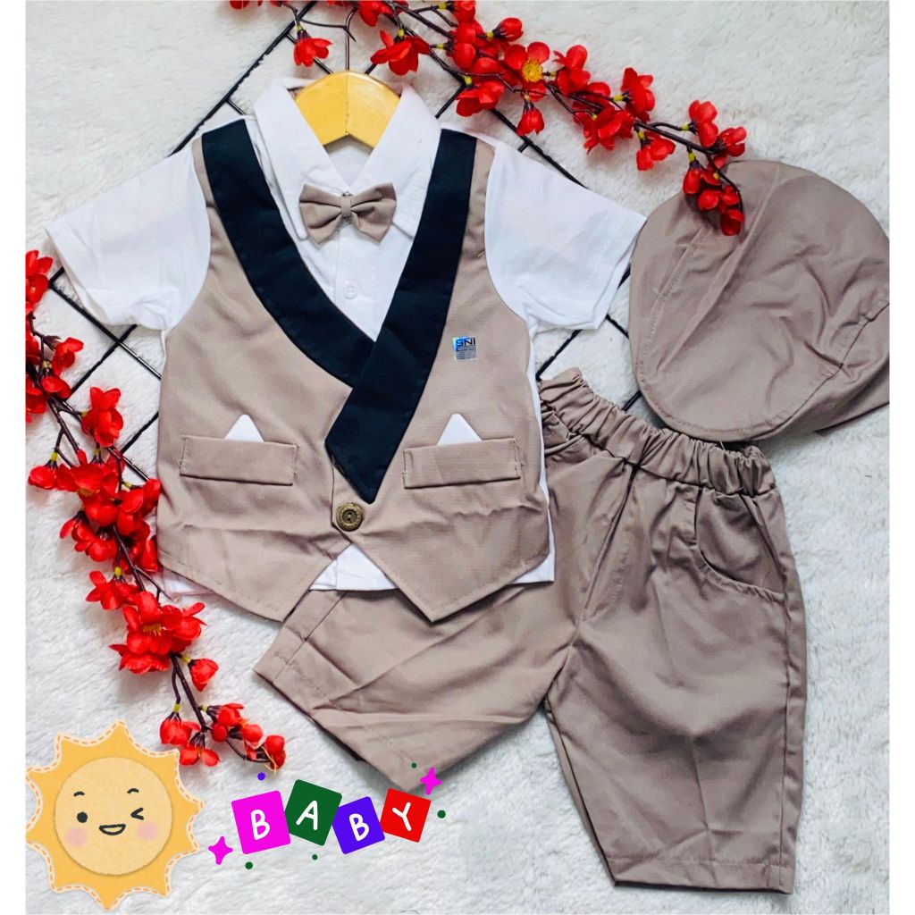 Setelan BRANDED ROMPI TUXEDO FREE TOPI BORDIR anak laki laki , usia baby 3 sampai 12 bulan .