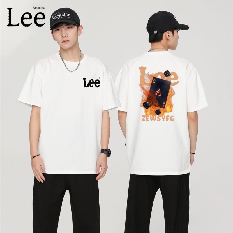 NEW Kaos Lee Pria T-Shirt Lengan Pendek Putih Motif Kartu A Api - Baju Pria