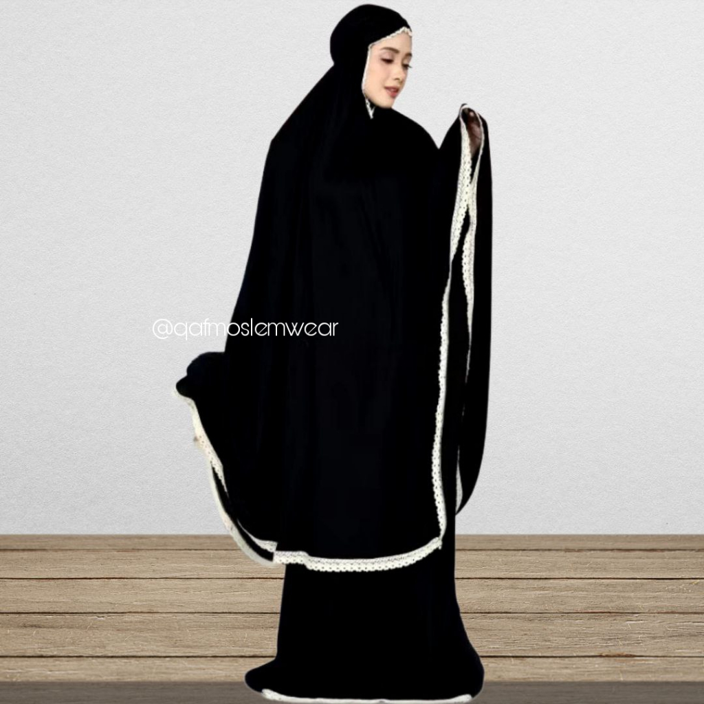 Mukena Rayon Polos Renda Jumbo | Mukena Hitam Putih Haji Umroh Adem Jumbo