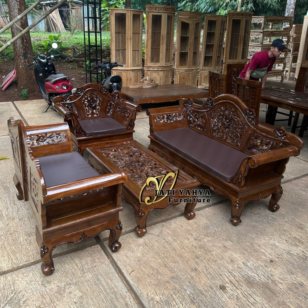 Kursi Tamu Jati Madura Garengan 321 + meja + busa + kaca