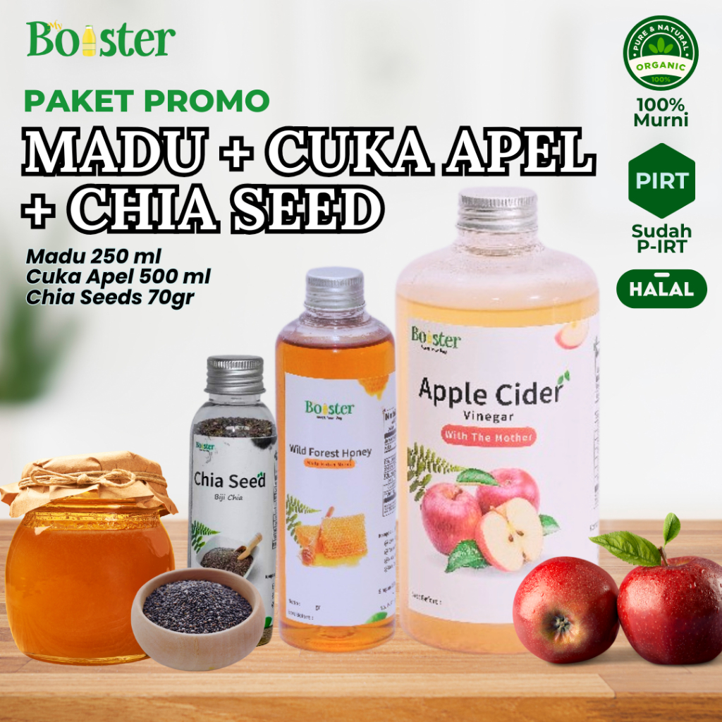 

MYBOOSTER PAKET PROMO 1 CUKA APEL 500ML MADU 250ML CHIA SEED 70GR PAKET SEHAT DIET ALAMI ORIGINAL