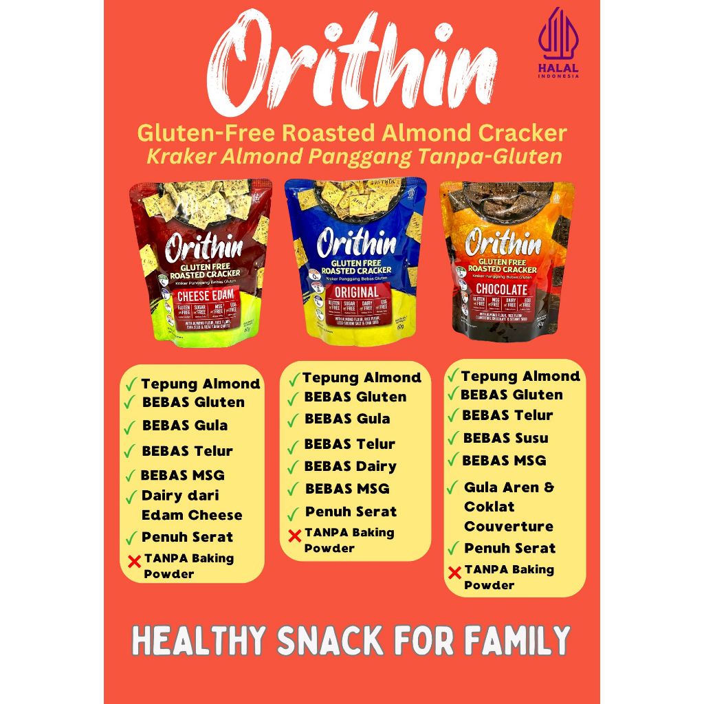

PAKET BUNDLING 3PC ORITHIN ALMOND CRACKER SNACK GLUTENFREE 60 GR TANPA GULA / TELUR / SUSU