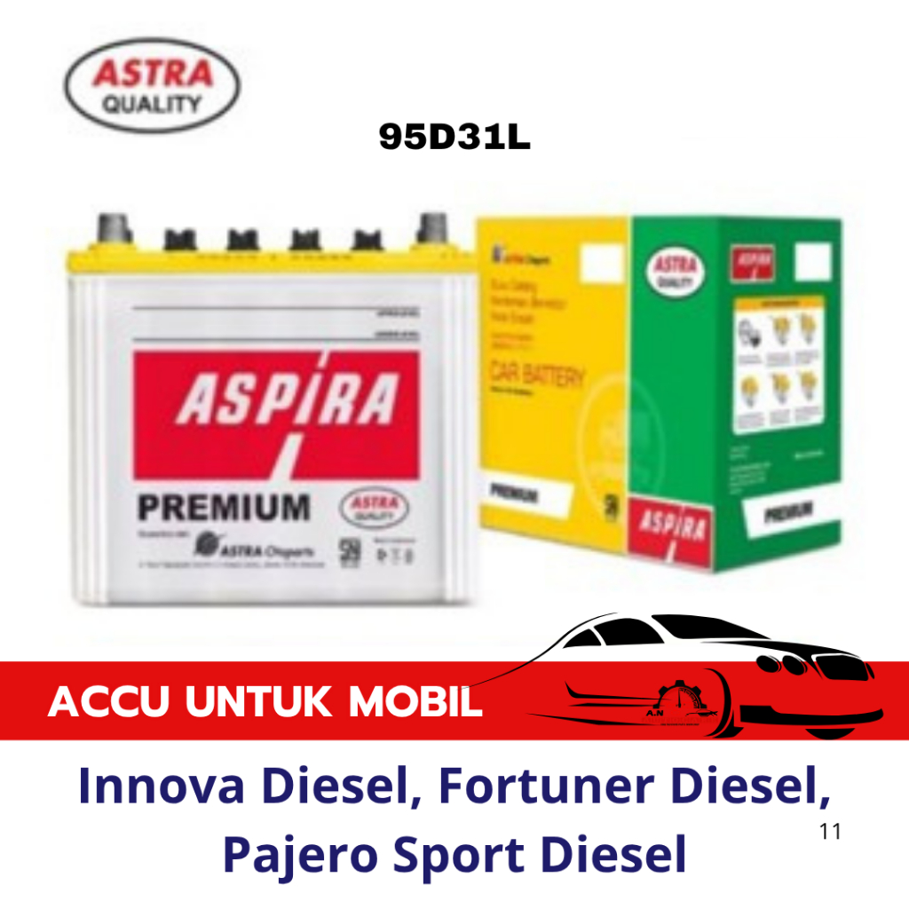 Aki Mobil Innova Diesel, Fortuner Diesel, Pajero Sport Diesel - Accu Aspira  95D31L 12V / 80Ah