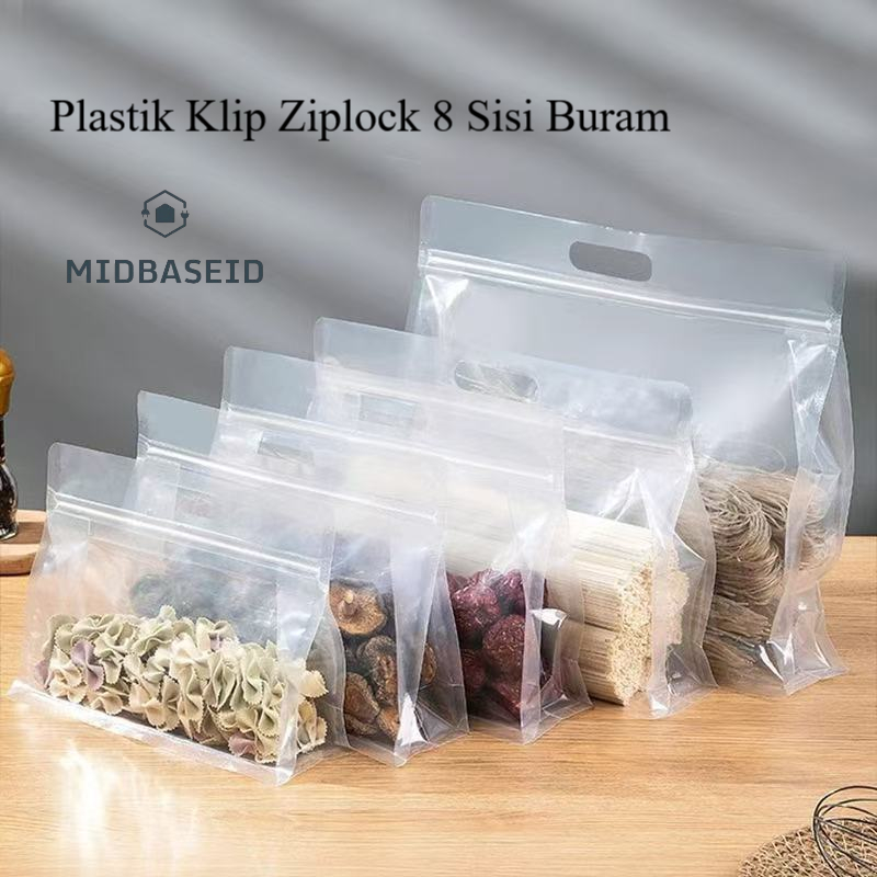 [Midbase]   Plastik Klip Ziplock 8 Sisi Buram Dengan Pegangan Pouch Standing Ziplock Handle Pouch Fr
