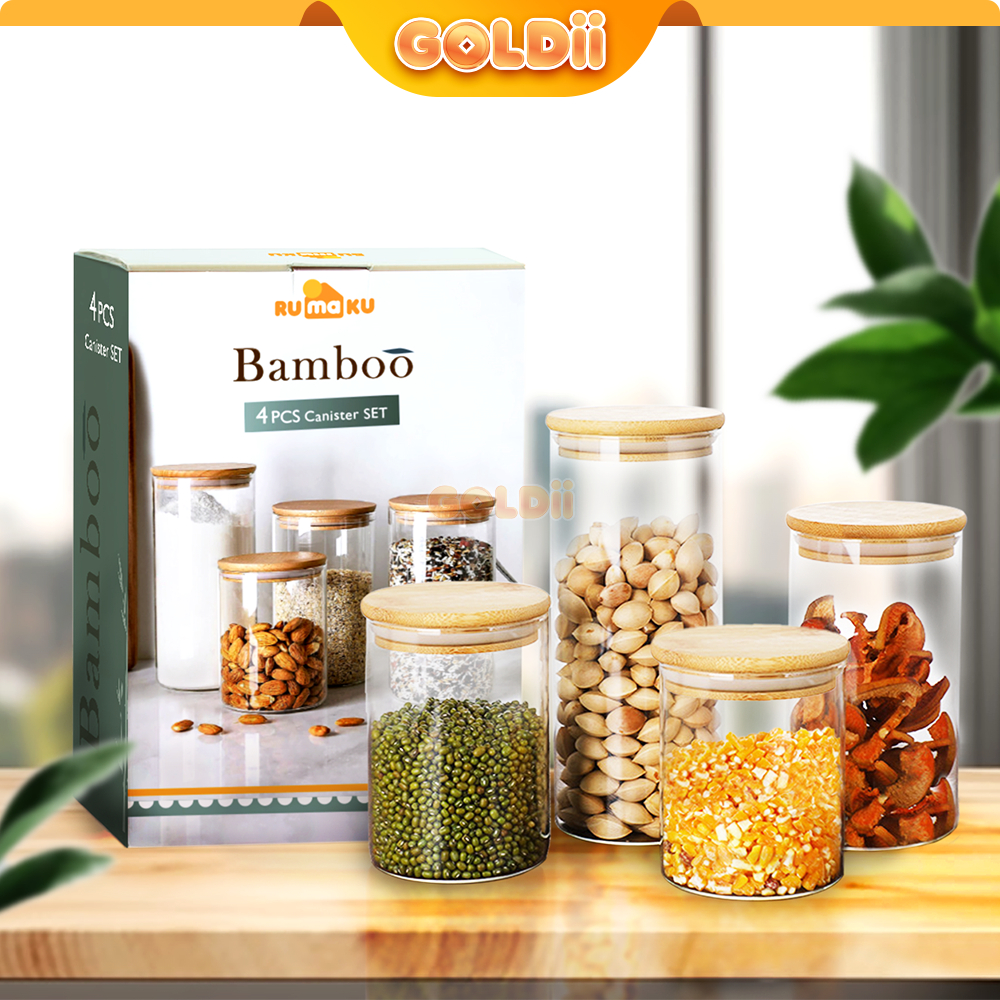 GOLDII - Toples Aesthetic Kaca Kedap Udara Anti Mlempem 1 Set 4 Pcs Toples Bumbu Toples Lebaran