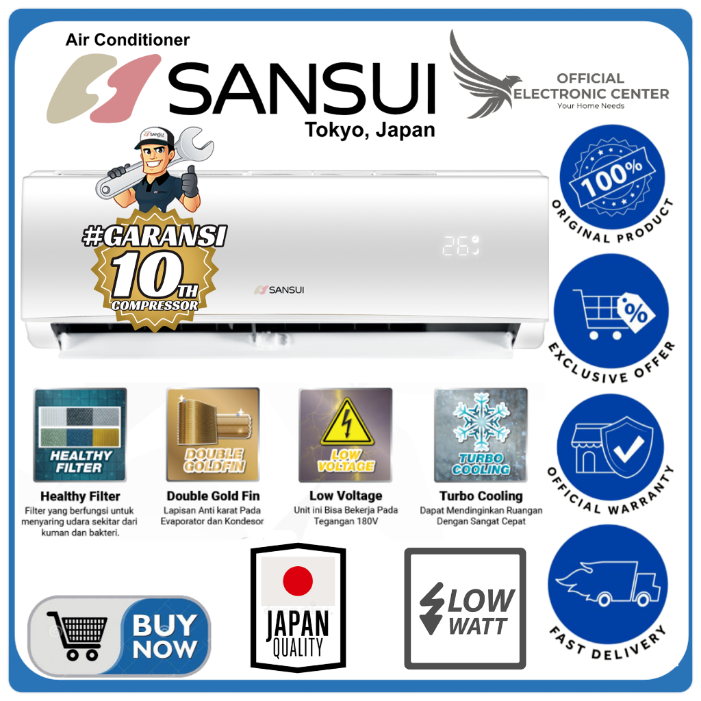 AC SANSUI STANDARD 1 PK L09S2 L 09S2 L-09S2 LOW WATT SUPER COOLING JAPAN QUALITY IFEEL FITUR AC SANS
