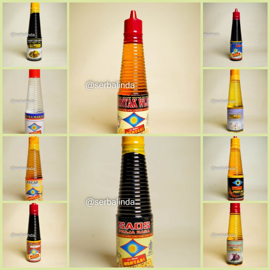 

Minyak Wijen/Minyak Bawang Merah/Minyak Bawang Putih/Minyak Cabe/Saos Tiram/Saos Prajarasa/Kecap Inggris/Kecap Ikan/Kecap Lada Hitam/Kecap Asin/Cuka Makan @150ml Halal murah cap sinar mentari