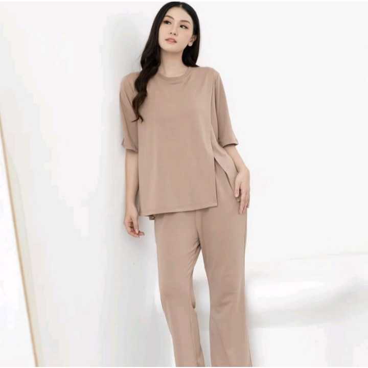 JADEN SET | Setelan Wanita Oneset Knit Rib Premium Shirt Pants Baju Set Celana Highwaist