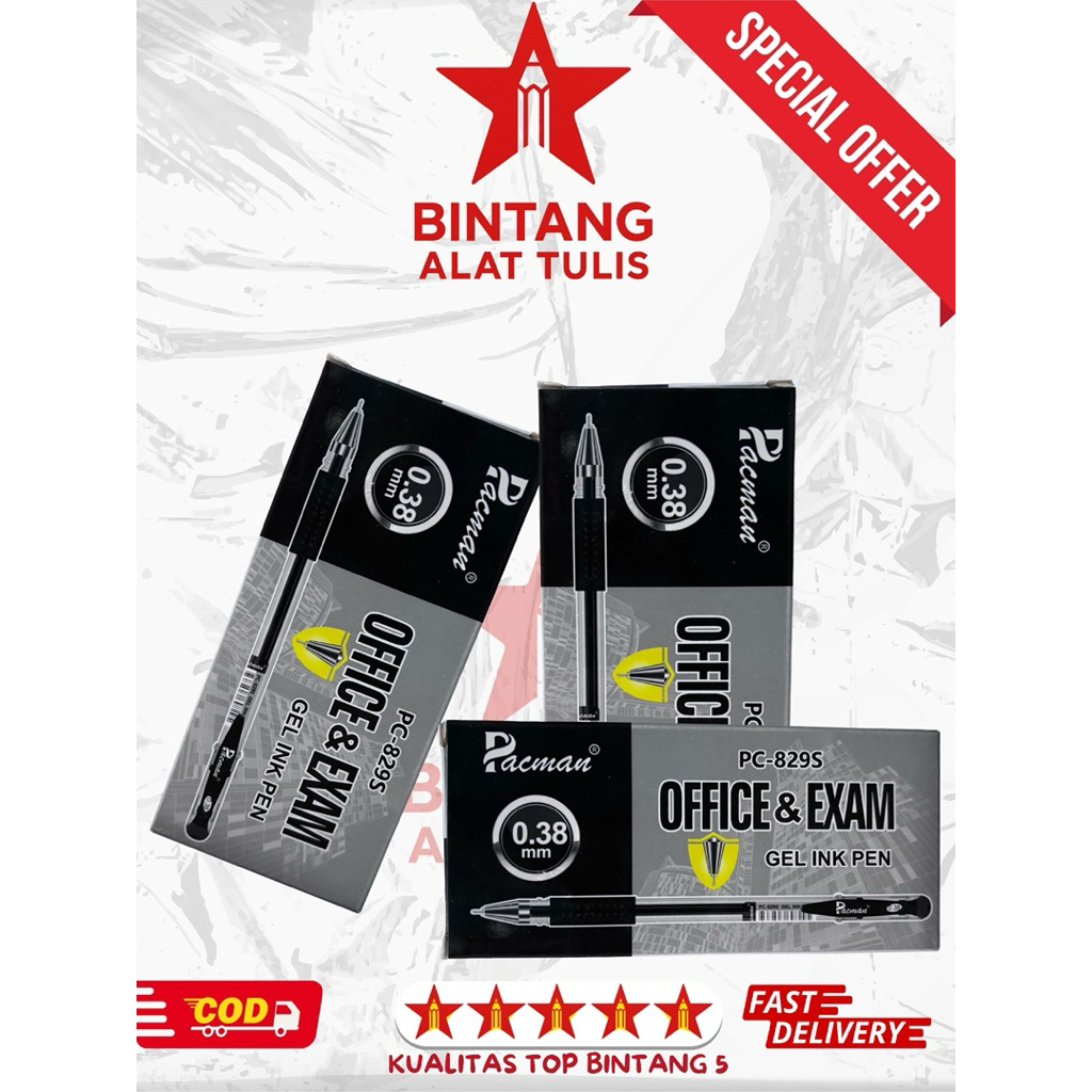 

[PACK] Pulpen Gel Pacman 0.38mm PC-829S | Pulpen Office & Exam Tinta Hitam Halus