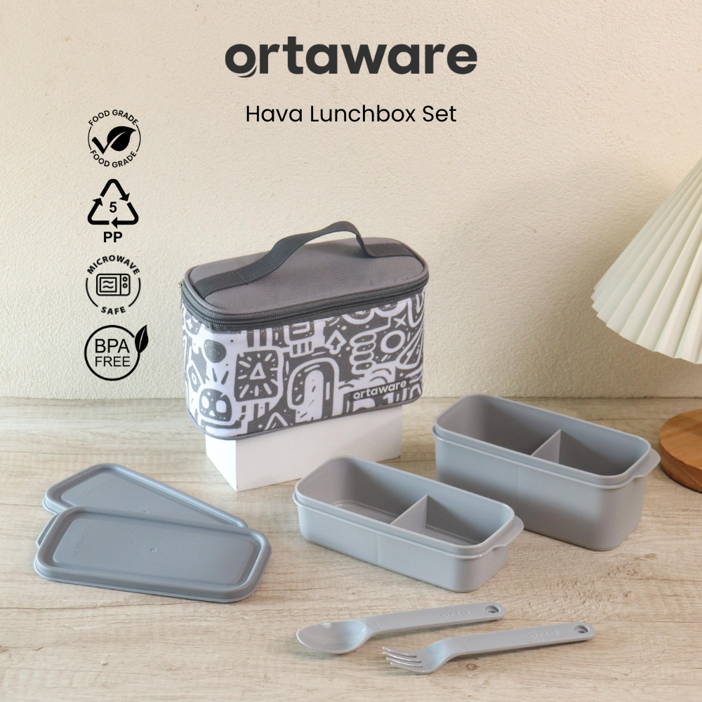 [Hava Lunchbox Set] | ORTAWARE | Tas + Tempat bekal 2 sekat + Sendok Garpu | BPA FREE MICROWAVE SAFE