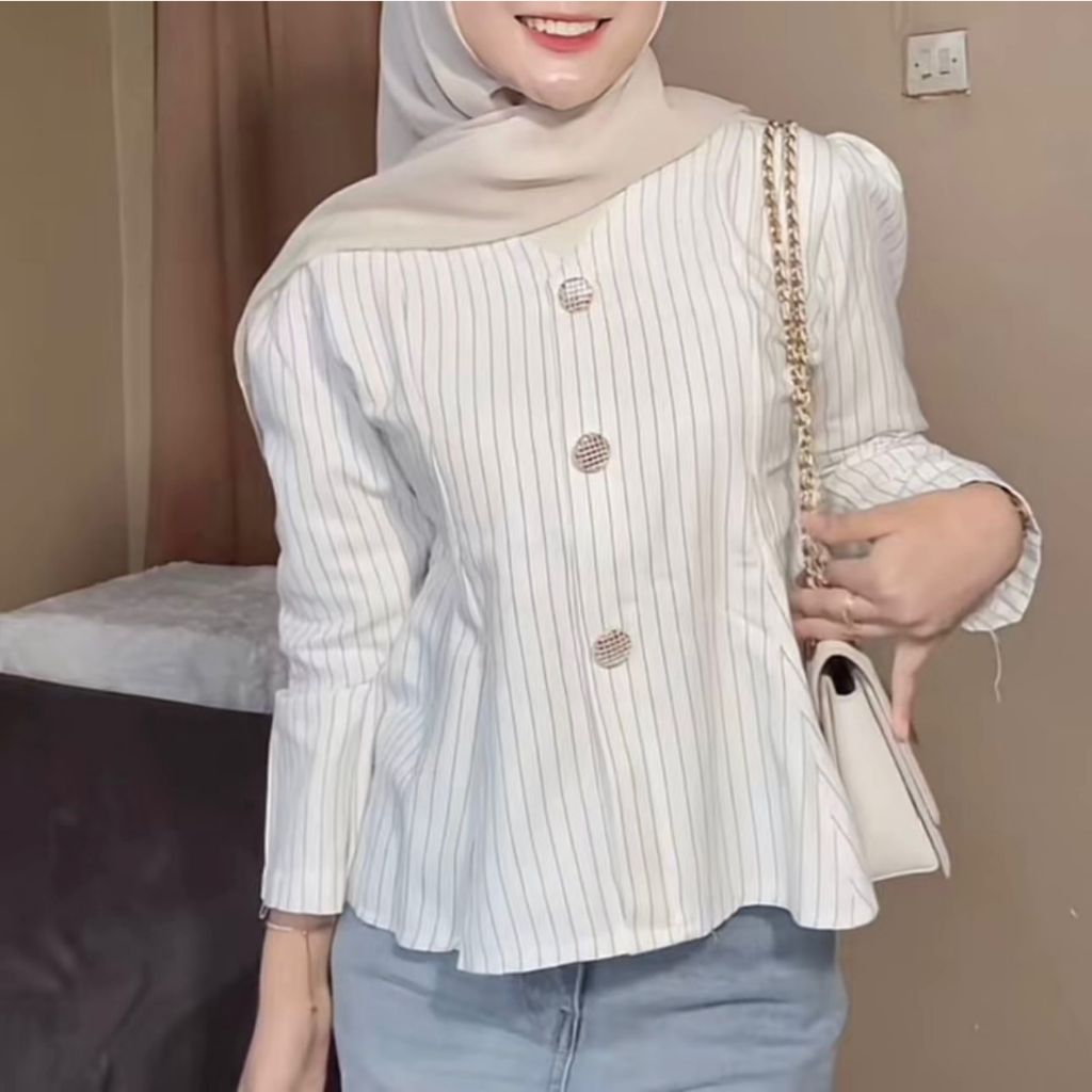 Arika Blouse Stripe Atasan Peplum Wanita Salur Lengan Puff Fit Body Fitted - Blouse Atasan Wanita