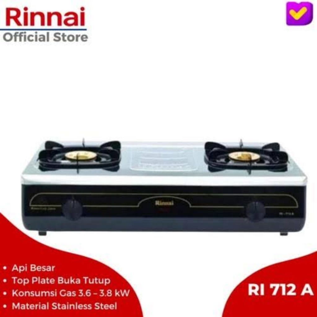 Kompor Gas LPG 2 Tungku Rinnai Jumbo Tinggi Ri-712A Grande Rinai Ri 712 A Stainless Steel + Ceflon